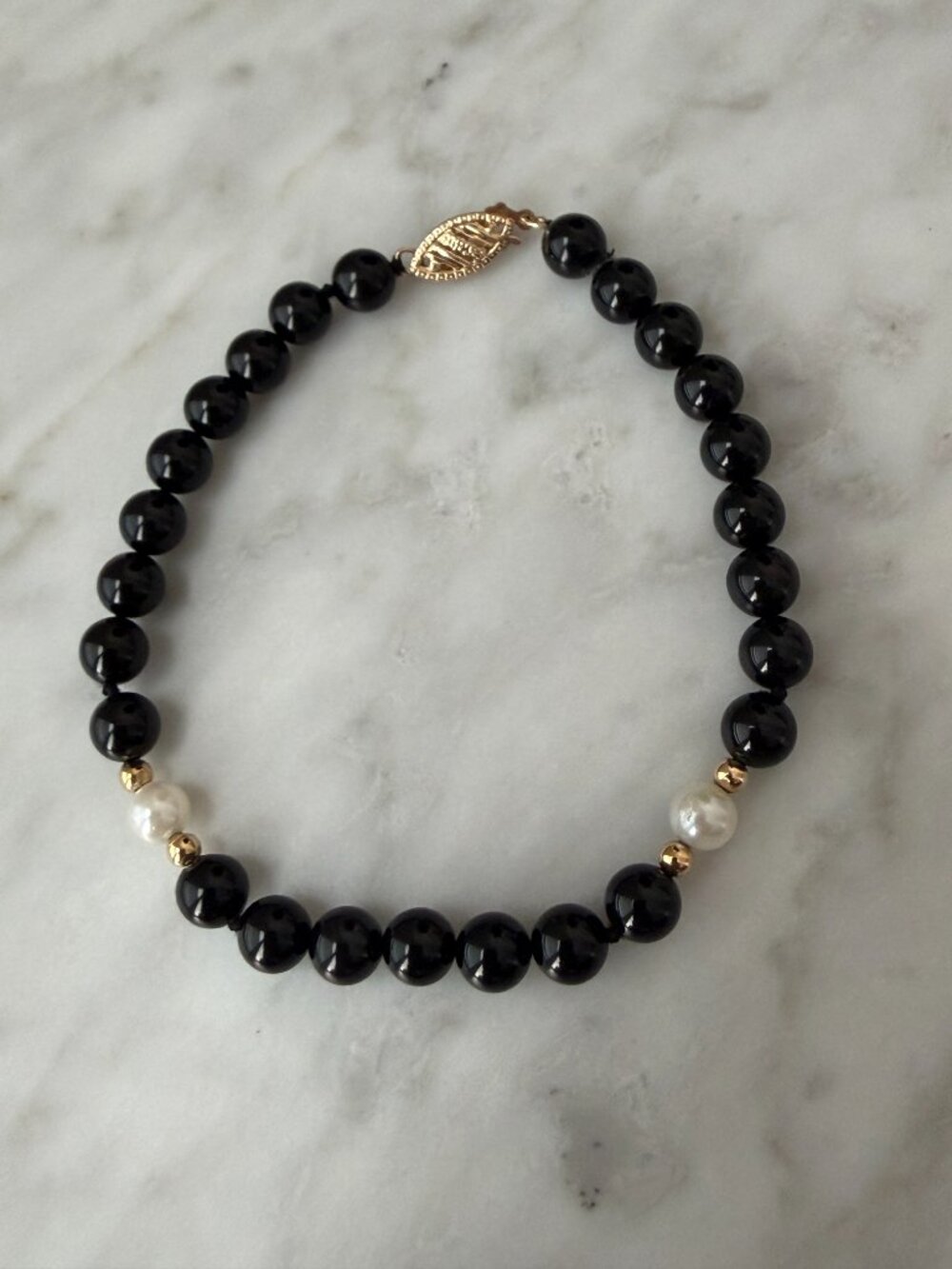 Black Onyx Beaded Bracelet with Pearls & 14k Gold Accents ✨ Vintage